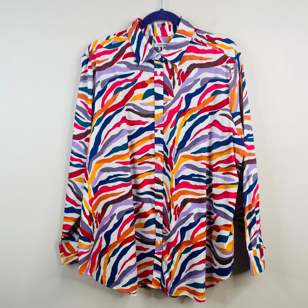 Foxcroft Art To Wear Alexis Top XLarge Bright Abstract Print Button Up Blouse